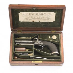 Grande-Bretagne, milieu XIXe. Pistolet à percussion à double canons en table signé « PURDEY LONDON »