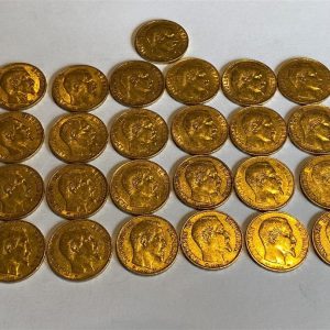 25 pièces de 20 francs en or NAPOLEON III EMPEREUR, tête nue, 1859 A (x20) et 1859 B (x5).