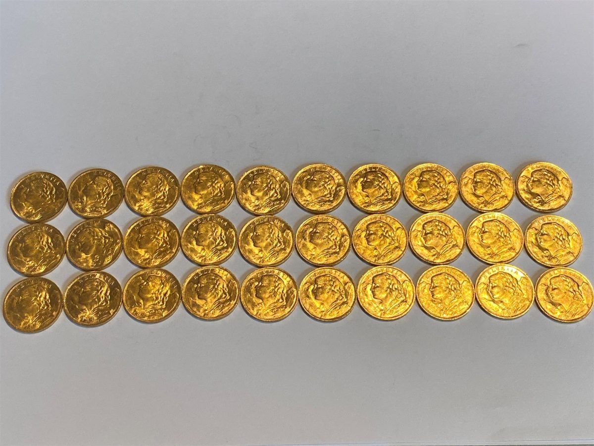 30 pièces de 20 francs suisses en or