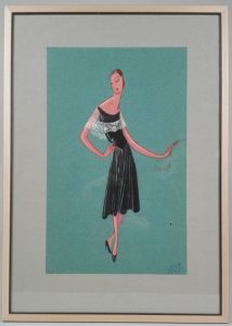 Maison JEANNE LANVIN (Attribué à). Dessin de mode gouaché représentant une élégante à la robe noire et cache-épaule en dentelle. Daté 1927 et annoté ""Ms Cross"". Présenté dans un cadre, sous verre. Dimensions du cadre : 44.5 x 62 cm.